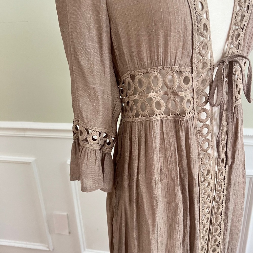 Rebellion Again Duster Cardigan Womens Sz M Crochet Lace Brown Taupe Boho Hippie - Picture 6 of 12